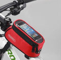 ROSWHEEL bicycle frame bag with iPhone holder in black, mounted on bike frame, showing water-resistant PVC material and secure attachment