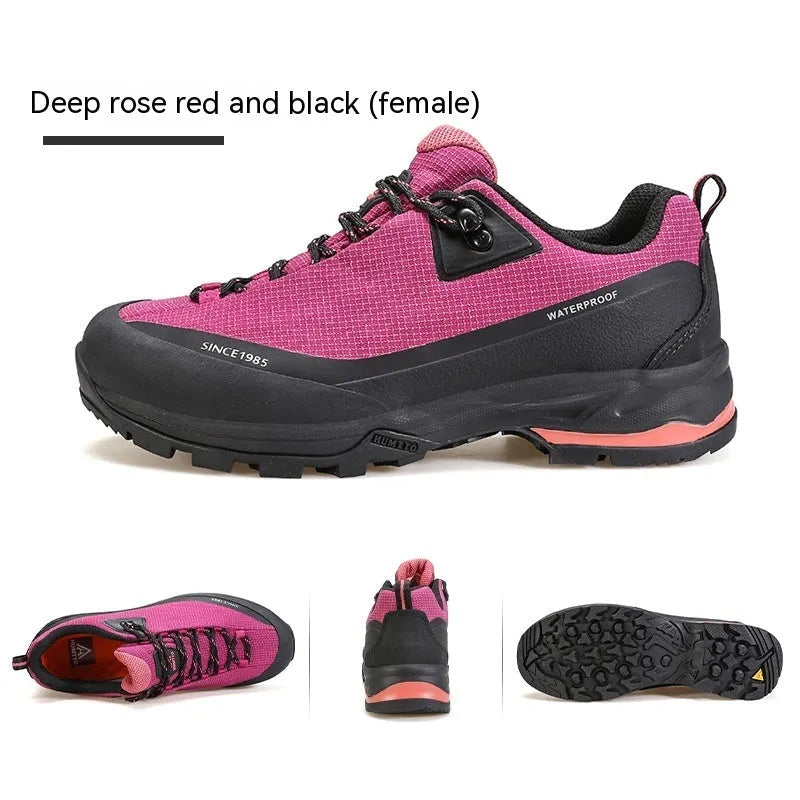 Low-top mountain climbing shoes in leather mesh with non-slip rubber outsole, available in multiple colours and sizes 36-46
