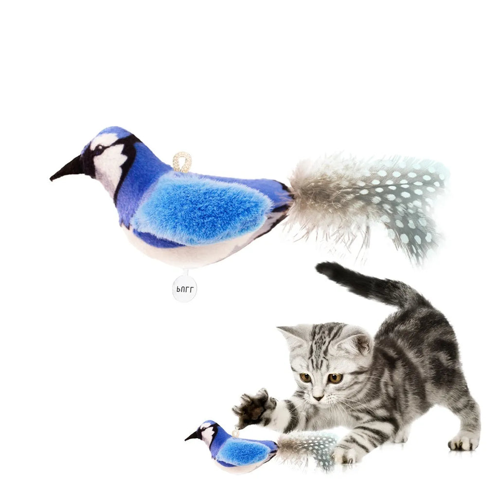Plush bird simulation cat toy in four colour variants: blue kingfisher, coloured bird, sparrow and yellow bird