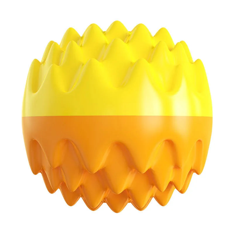 Blue and orange squeaky dog ball toy with spiky texture for dental cleaning, floats on water