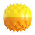 Blue and orange squeaky dog ball toy with spiky texture for dental cleaning, floats on water