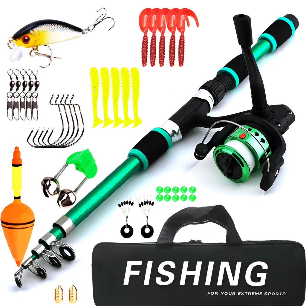 Children's fishing rod starter kit with a coloured pole, spinning wheel and a small bait and accessory box.