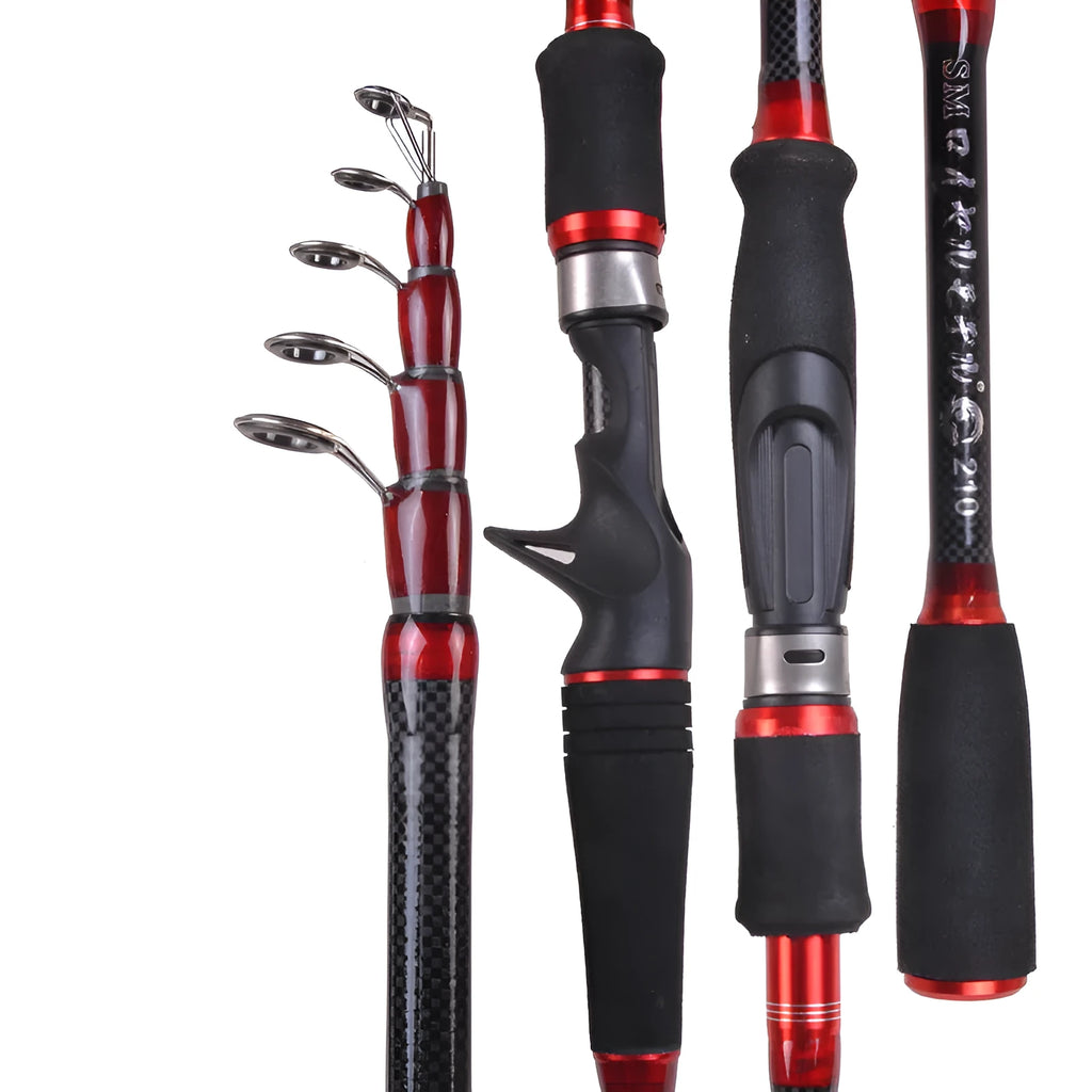 Carbon telescopic fishing rod with straight shank or gun handle, super hard tone, 1.8m to 3.6m, collapses to 58-63cm