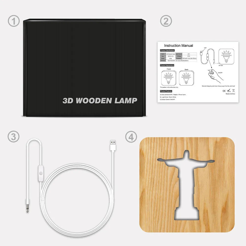 Solid wood hollow LED night lamp with warm white light, showing wooden lampshade and compact 190x190x30mm dimensions.