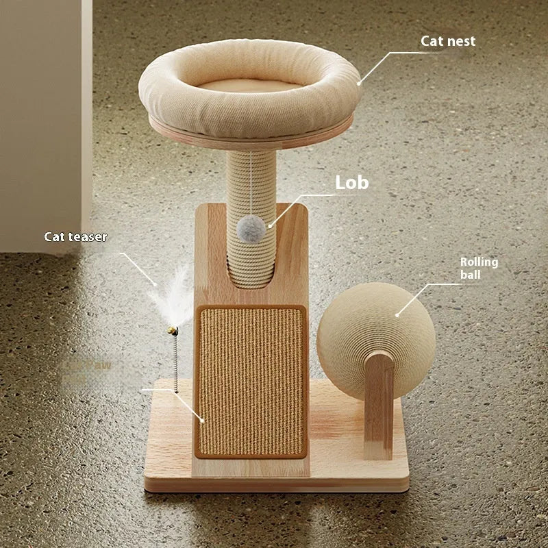 Small cat climbing frame with sisal scratching surfaces and jute fabric covering in natural colour