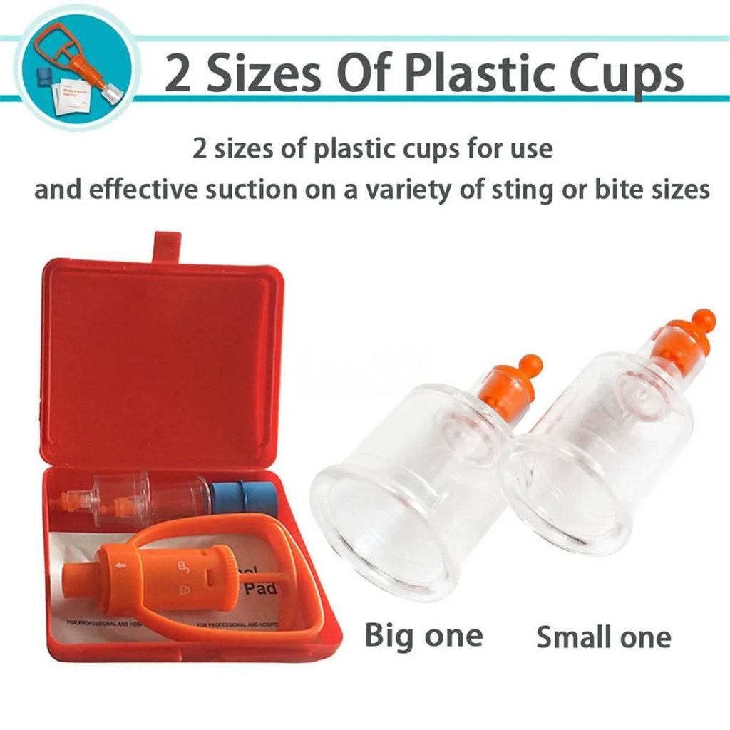 Orange venom suction device with two cup sizes, storage box, and accessories for outdoor first aid
