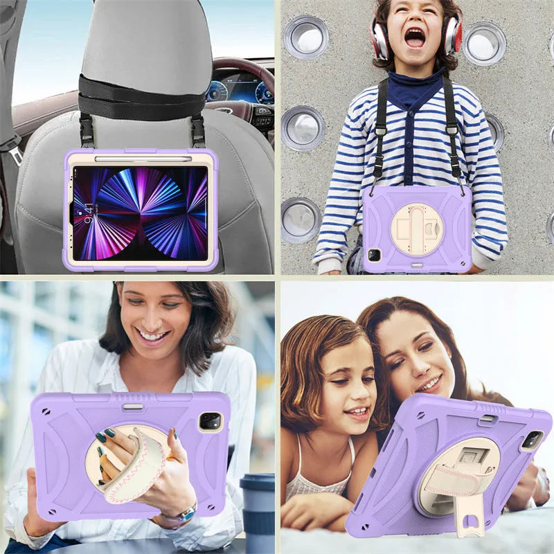 Rotating bracket strap silicone protective shell for Apple iPad in rose gold colour, showing 360-degree rotation and magnetic suction features