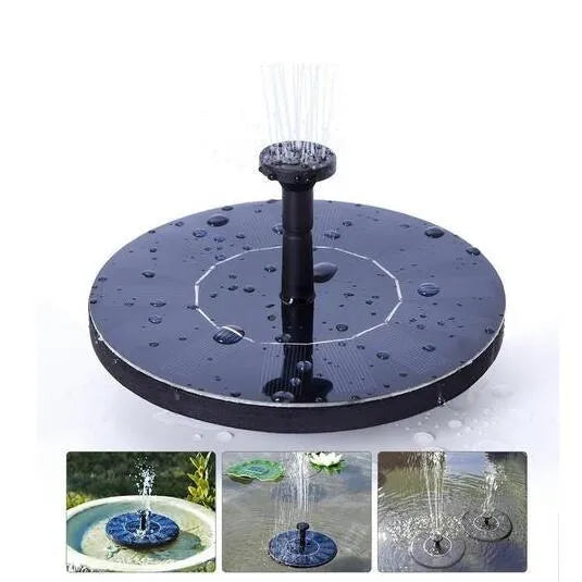 Black solar floating fountain with 4 nozzle attachments in garden pond setting