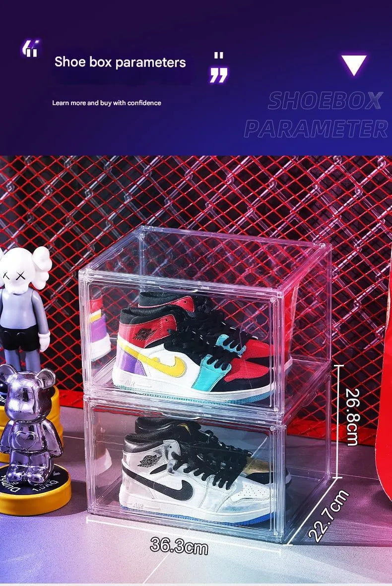Large clear acrylic shoe storage box with magnetic side door and stackable lid