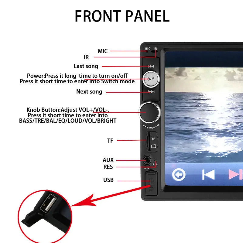 Black 7-inch car MP5 player with screen, USB and SD card slots, and remote control.