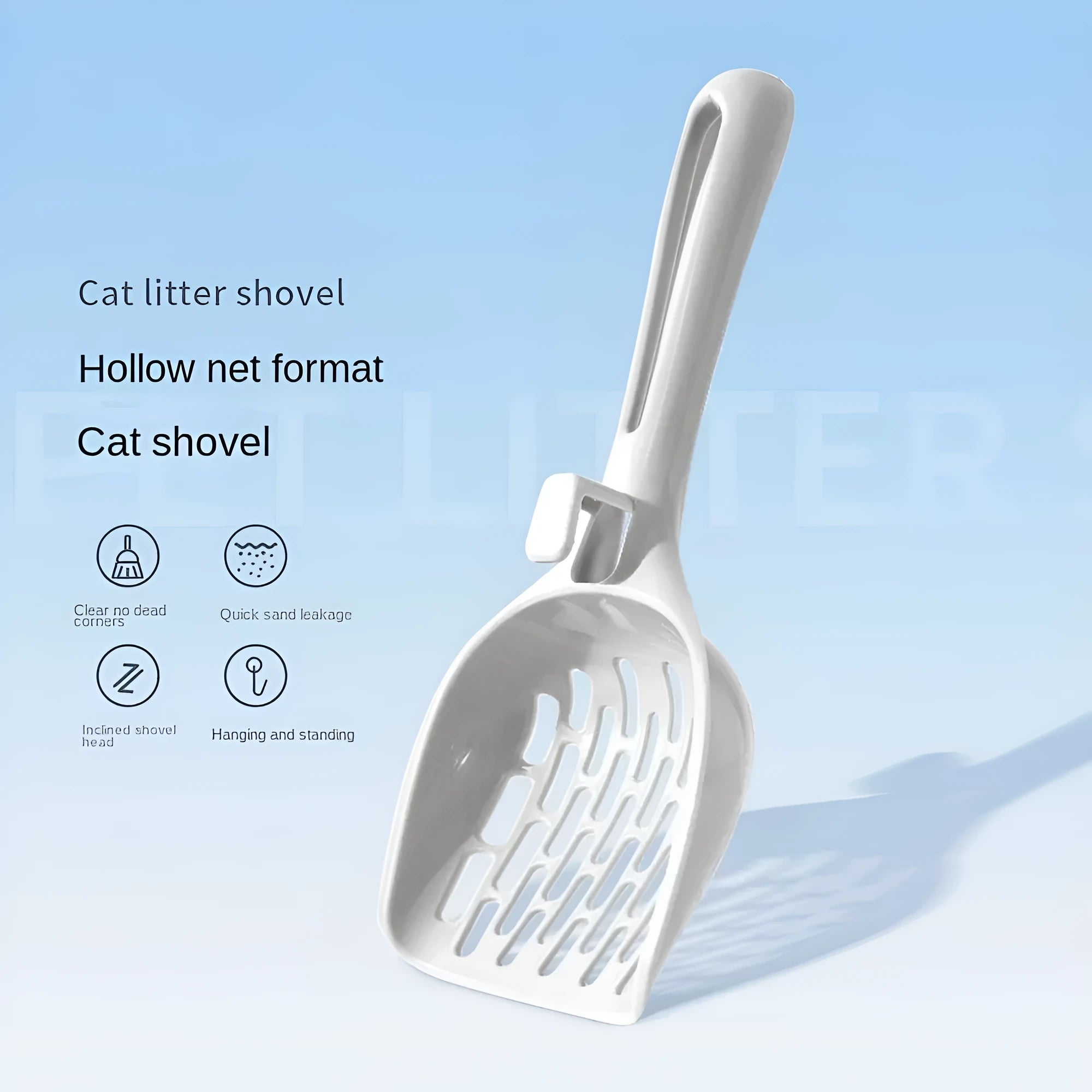 Gray plastic cat litter scoop with integrated base, showing 5mm sieve spacing and 30cm handle length