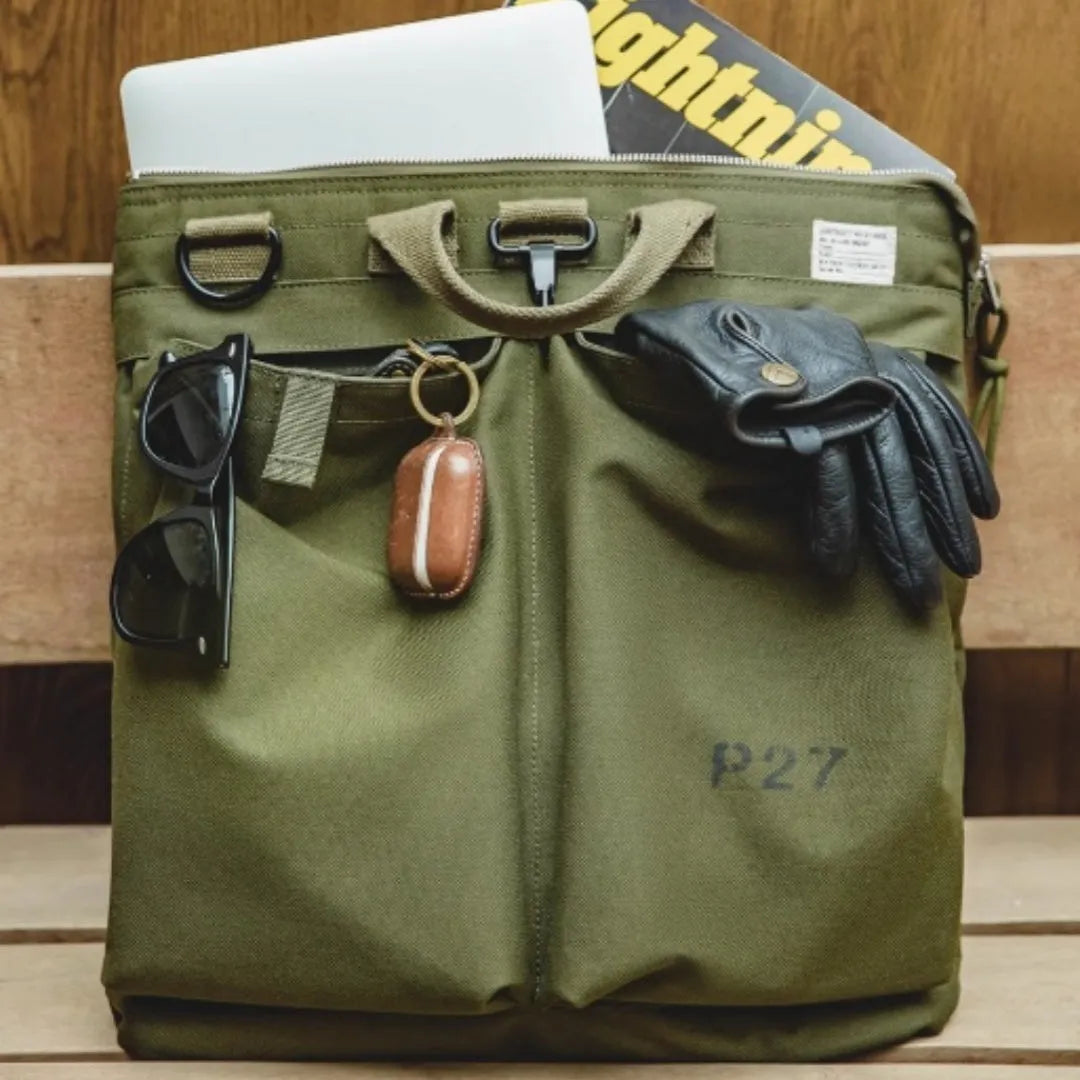 Marden Tooling Helmet Canvas Crossbody Bag in charcoal black showing vertical square shape and shoulder strap