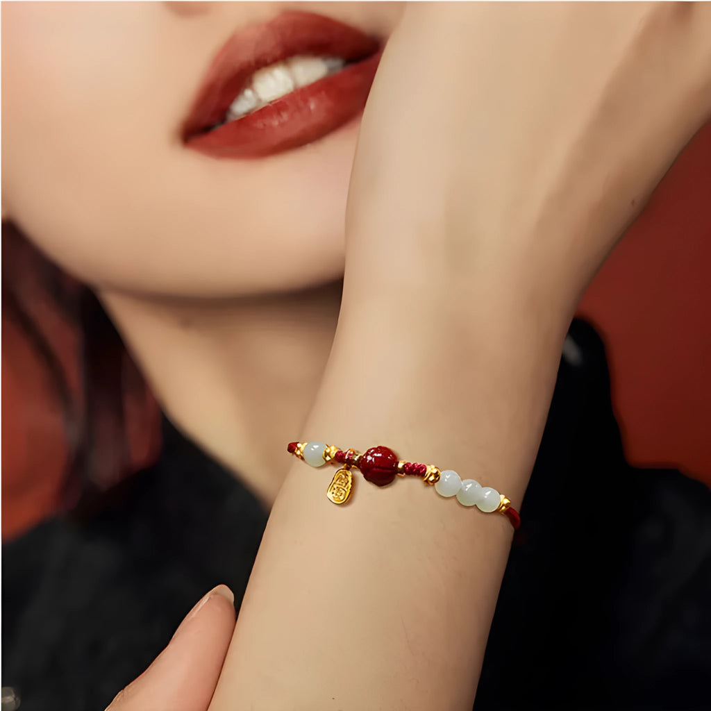 Hetian jade bracelet with cinnabar red rope on adjustable 925 silver chain