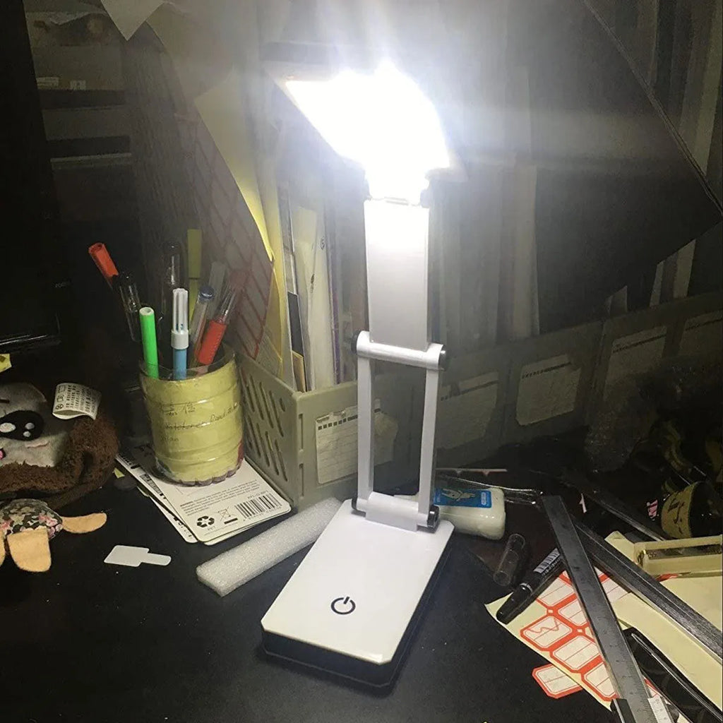 COB folding desk lamp, black and white, 120 lumens, touch dimming, USB or battery, 13.3 × 7.2 × 28 cm