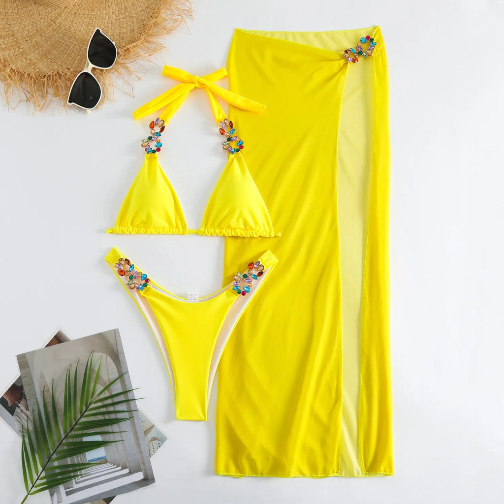 Three-piece swimsuit set with long skirt in rose red or yellow colours