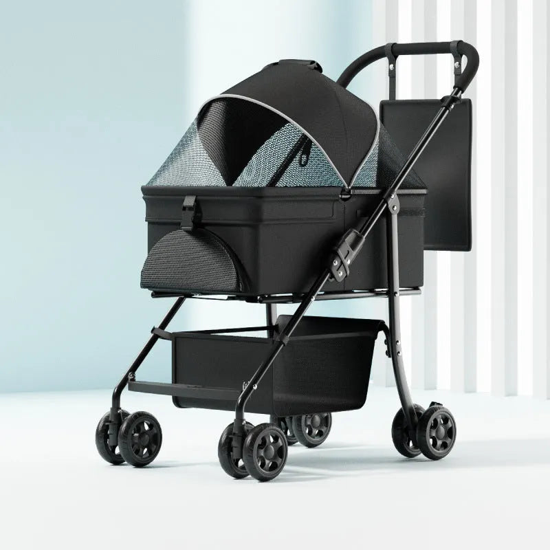 Black folding pet cart with detachable components and metal frame for pet transportation