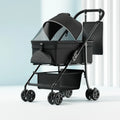 Black folding pet cart with detachable components and metal frame for pet transportation