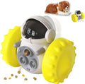Dog treat dispenser toy with roller design in various colours, showing dimensions of 141mm x 83mm x 114mm for small pets