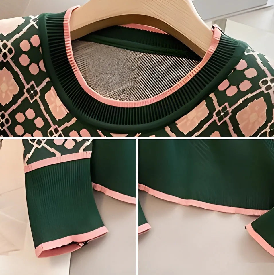 Green printed women's sweater with a loose fit and regular-length sleeves.