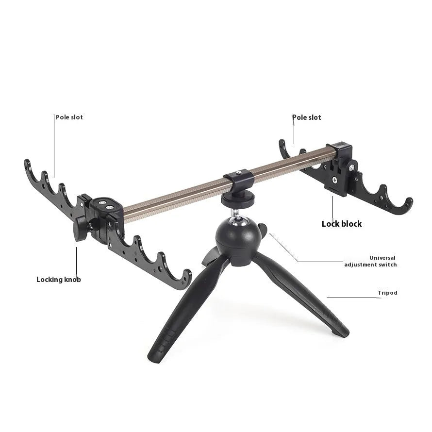 Aluminium ice fishing rod holder bracket with tripod base supporting small fishing rod
