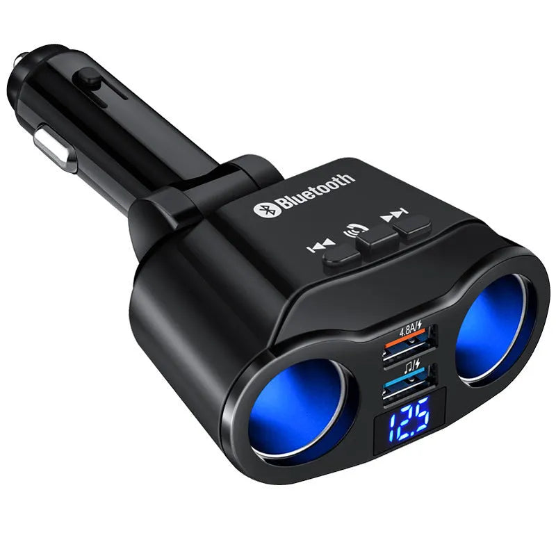 Black car Bluetooth receiver with MP3 player plugged into vehicle cigarette lighter socket