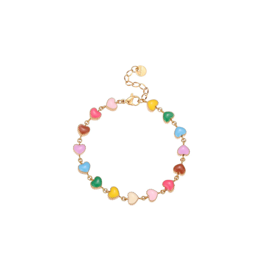 Gold and steel colour heart-shaped titanium steel bracelet on a model's wrist.