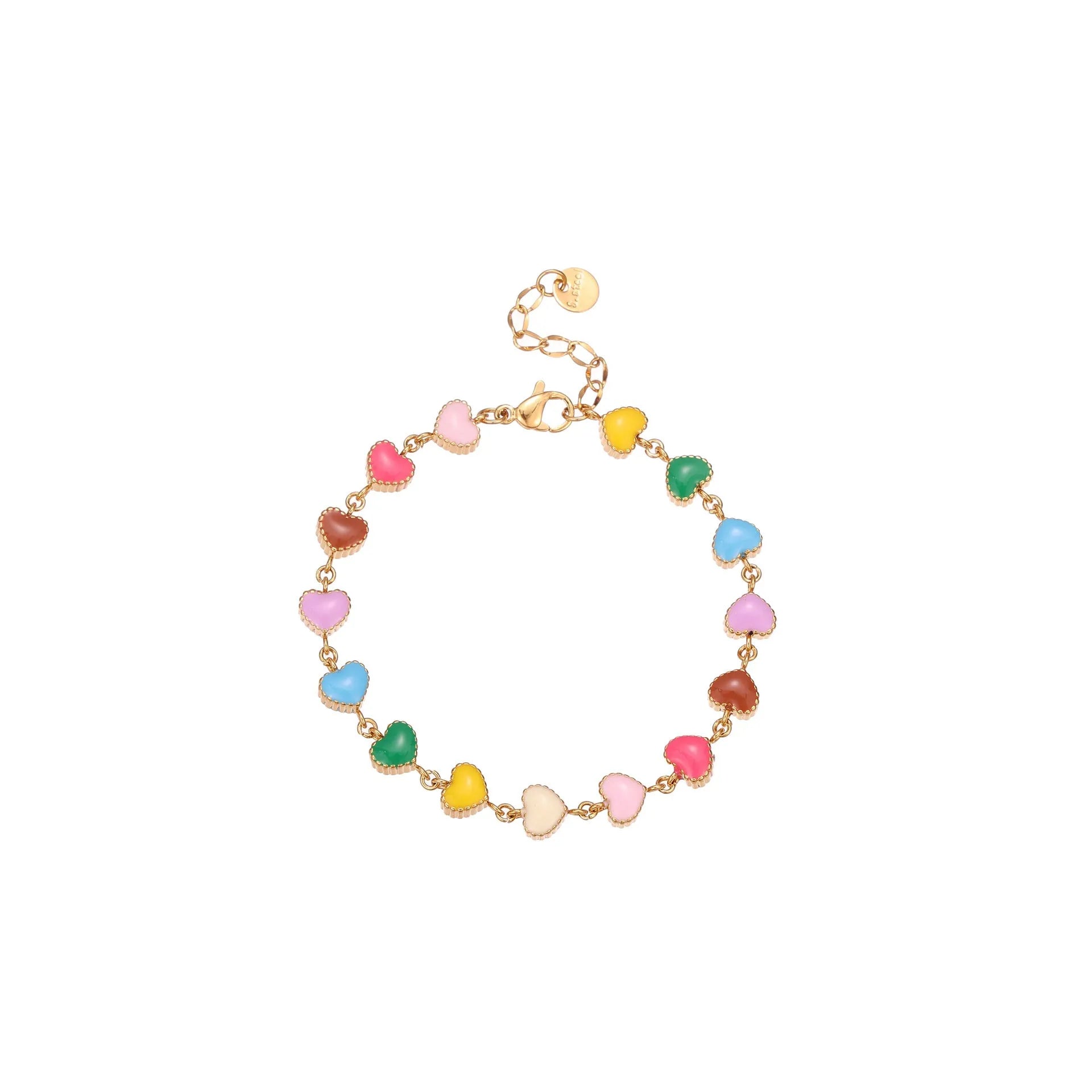 Gold and steel colour heart-shaped titanium steel bracelet on a model's wrist.