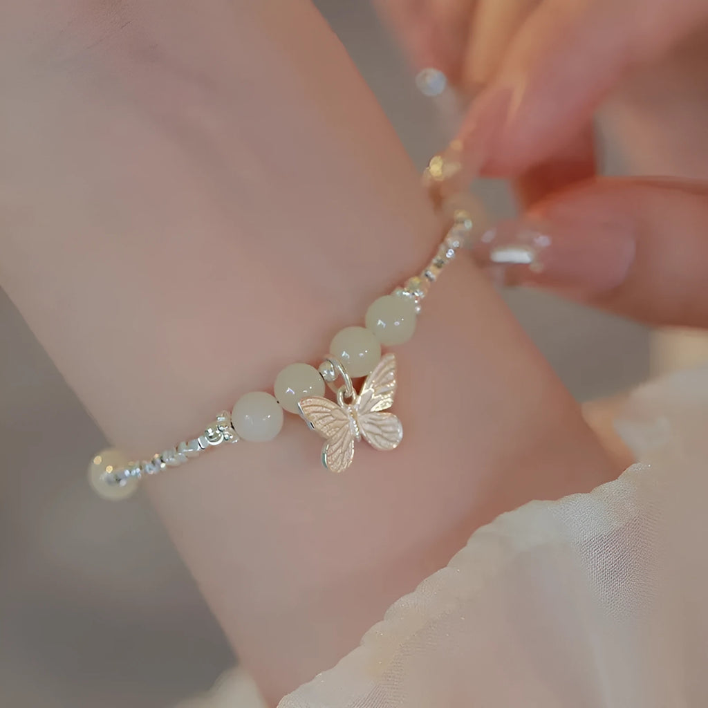 Hetian jade butterfly copper bracelet and necklace set with silver electroplating for women