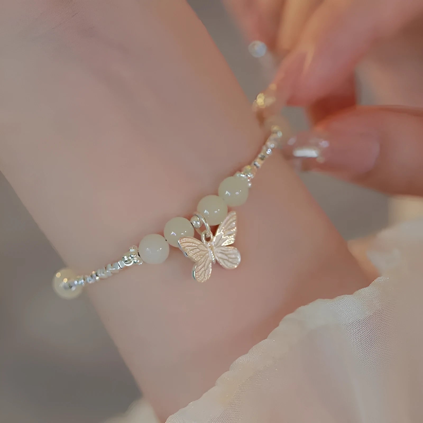 Hetian jade butterfly copper bracelet and necklace set with silver electroplating for women