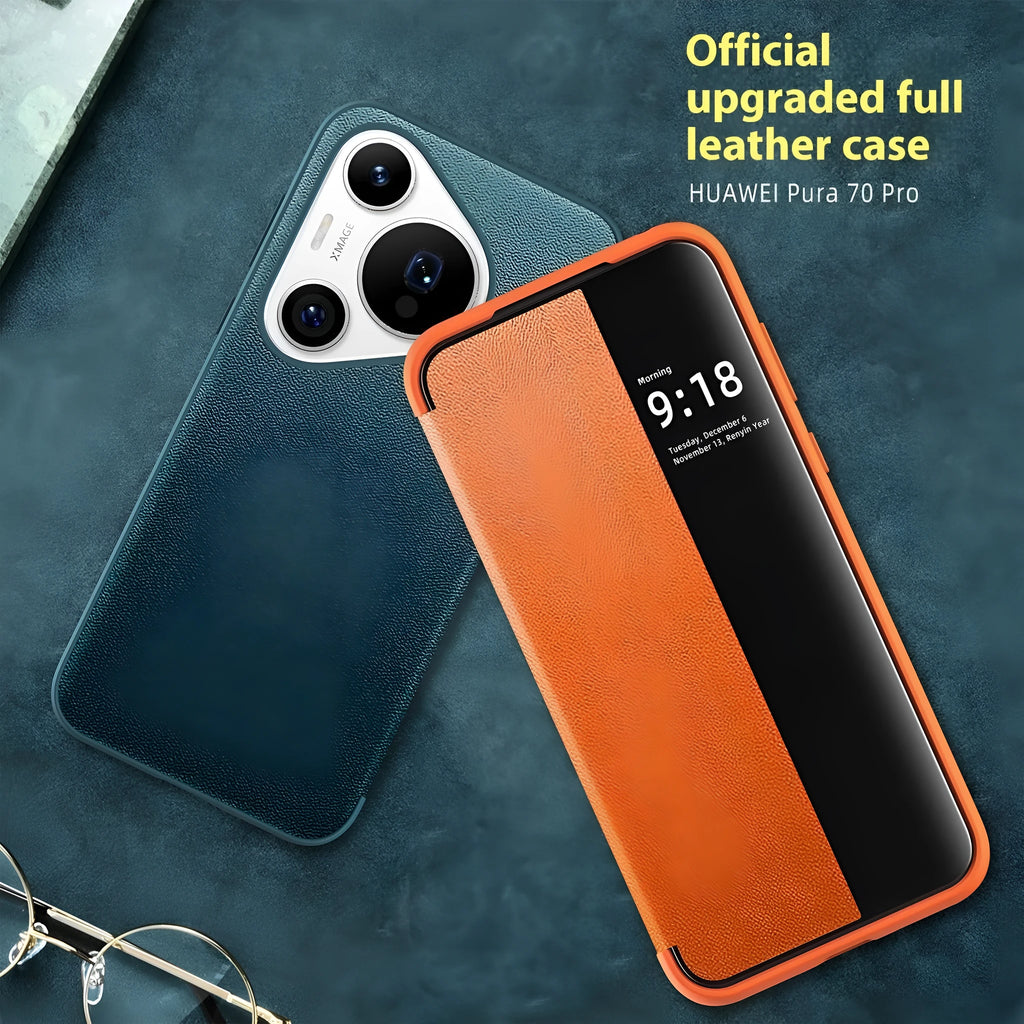 Huawei flip phone case in purple, orange, or black with imitation leather finish and smart sleep window