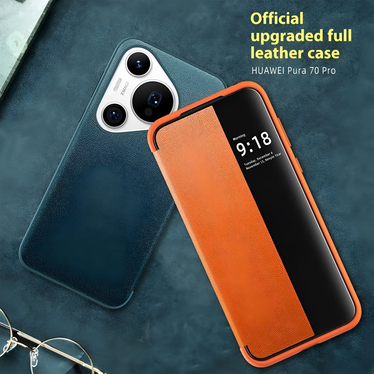 Huawei flip phone case in purple, orange, or black with imitation leather finish and smart sleep window