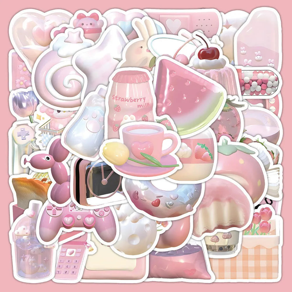 Light colour realistic 3D decorative stickers with pink girl heart designs, 63 pieces per pack