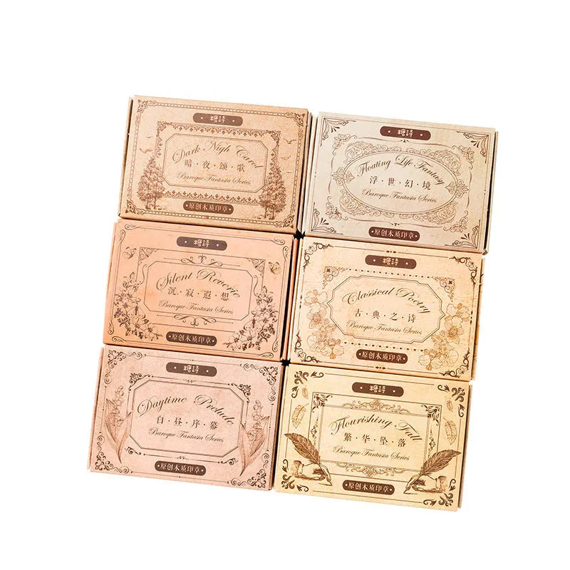 Printed wooden square seals with Baroque Fantasia notebook paintings in six styles, 3-4 pieces per style plus a seal