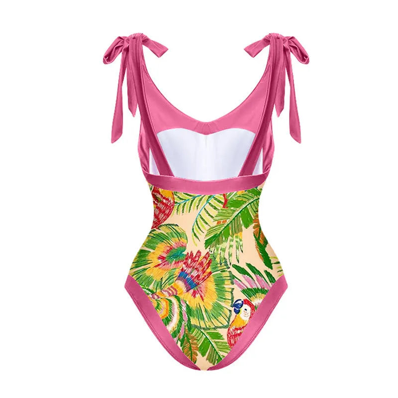Pink floral print one-piece swimsuit with V-neck and attached skirt for women