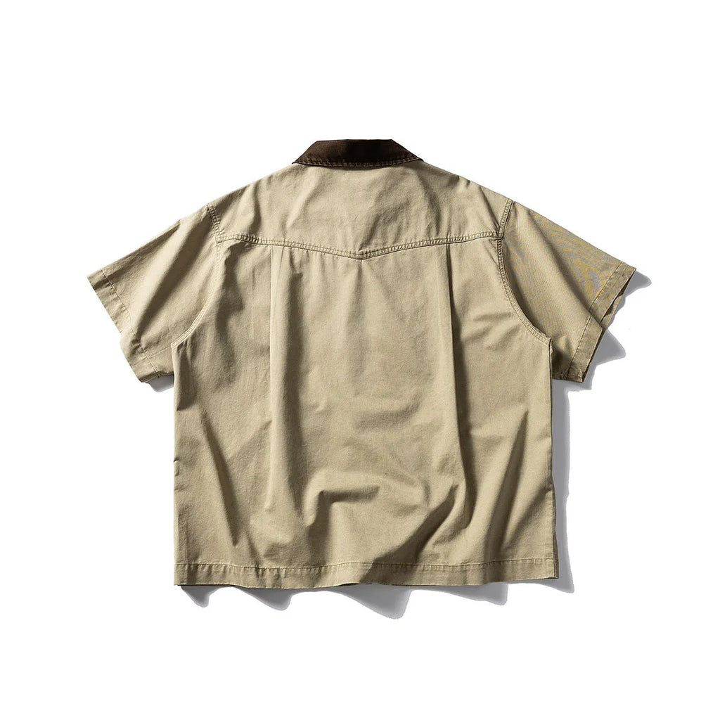 Washed overalls shirt in khaki colour with short sleeves and loose-fit cardigan style for teenagers