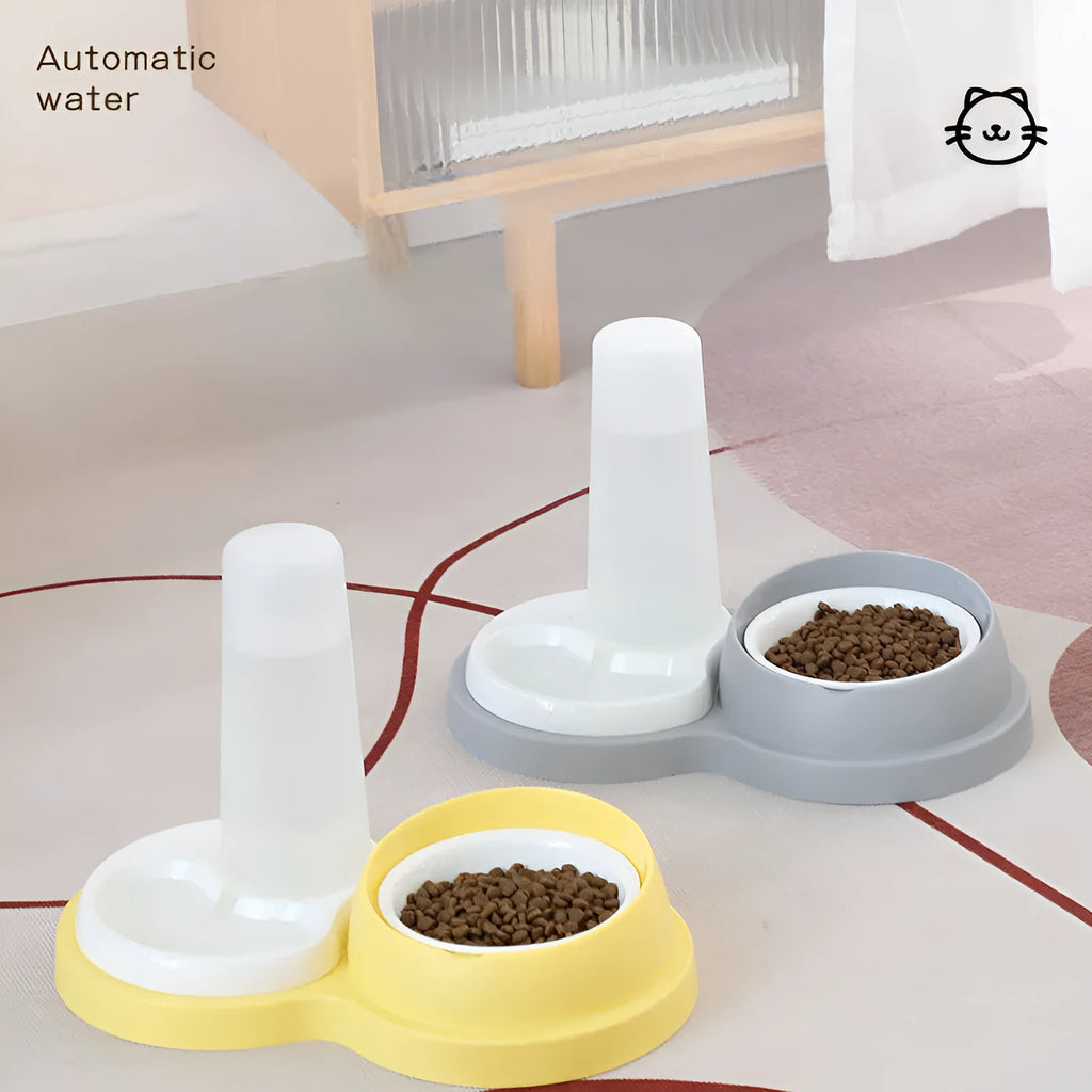Grey and yellow pet dual feeding bowl with ceramic food dish, stainless steel water bowl, and neck protection collar