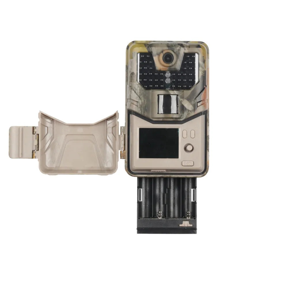 Compact camouflage infrared hunting camera with Bluetooth for mobile APP connectivity.