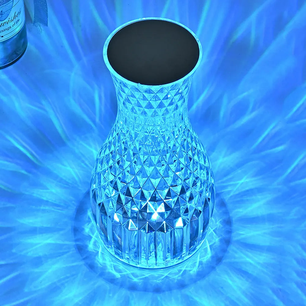 Vase-shaped crystal table lamp with remote control and USB charging port, 9cm wide by 19cm tall