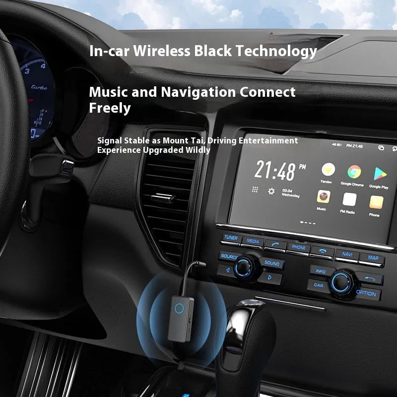 Black Bluetooth 5.4 audio adapter with flexible 3.5mm plug for wireless streaming to devices