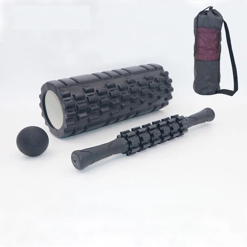 Black fitness foam roller with 33cm massage bar set for health massage and muscle relief