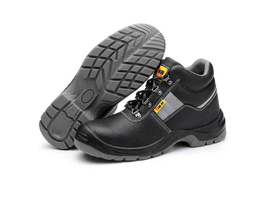 Black high-top safety shoes with steel toe cap and non-slip polyurethane sole, sizes 36-46