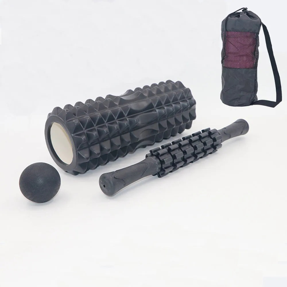 Black fitness foam roller with 33cm massage bar set for health massage and muscle relief