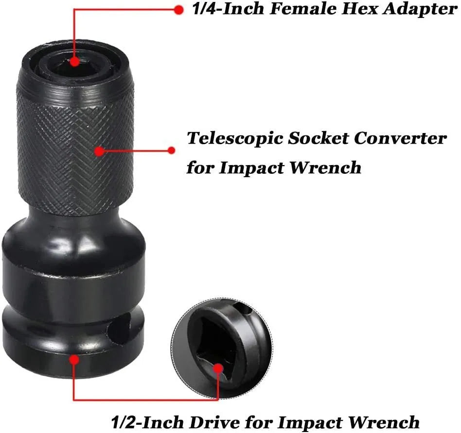 Square turn hexagonal handle electric wrench telescopic bit holder showing 1/2 to 1/4 scaling mechanism
