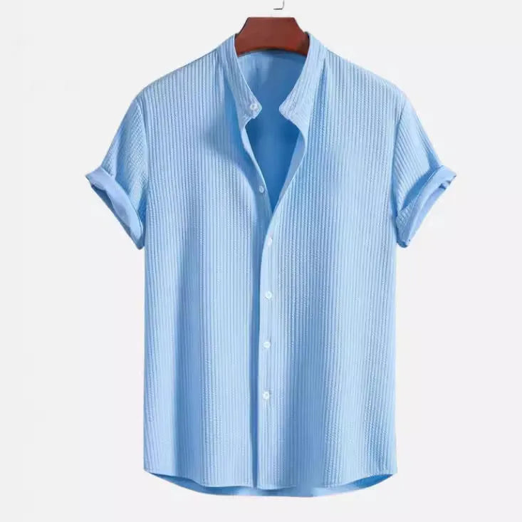 Men's loose fit short sleeve shirt in polyester fibre, available in nine colours including wine red and navy blue