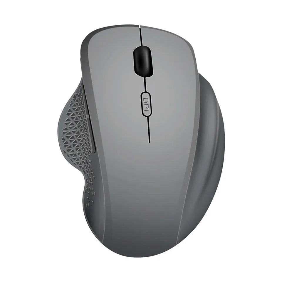 Grey self-charging wireless mouse for laptops with USB charging cable and photoelectric sensor
