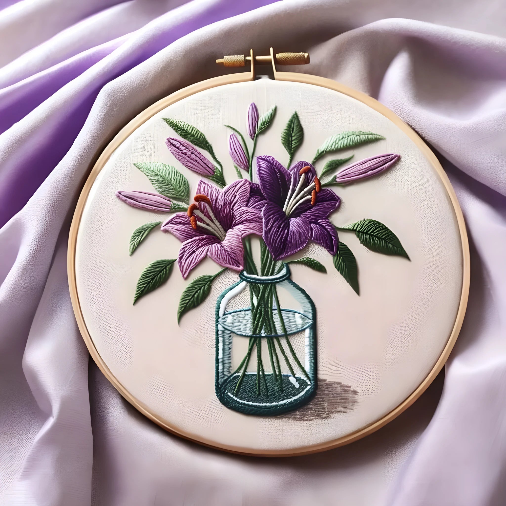 28 x 28 cm embroidery cloth with purple lily flower pattern and imitation bamboo frame