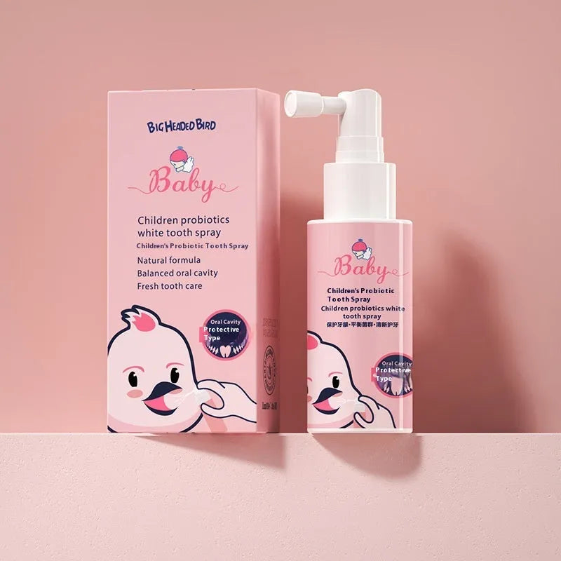 Children's probiotics white teeth cleaning spray bottle with 40ml anticavity formula in strawberry and orange flavour options