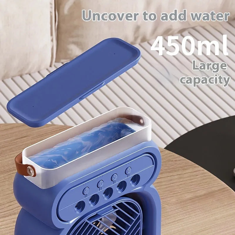 Black portable USB air cooler fan with water reservoir, 7-colour LED lights, and control buttons on a desk.