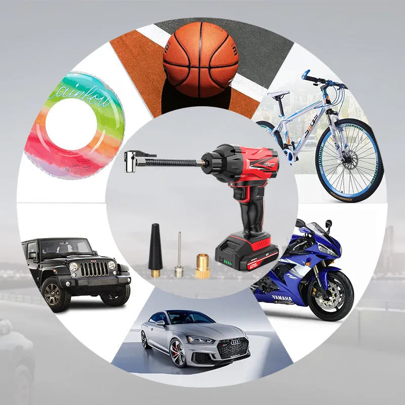 Red and black portable car tyre air pump with display, nozzles, and power cables on a table.