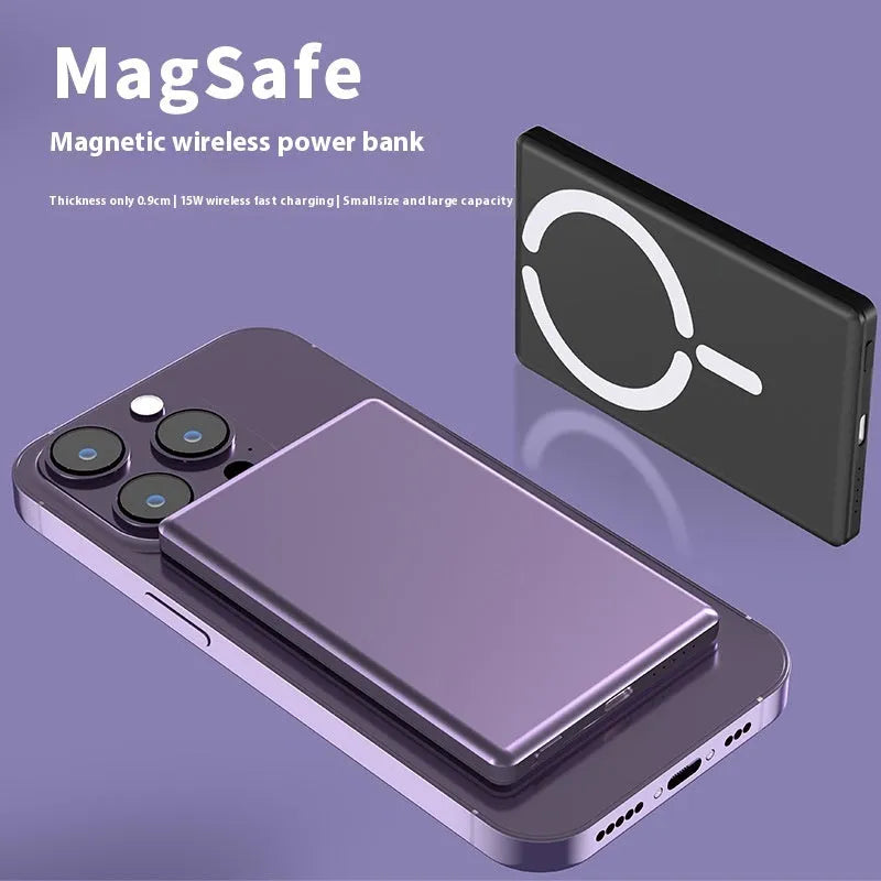 Ultra-thin magnetic power bank in dark grey showing 9mm profile and iPhone attachment